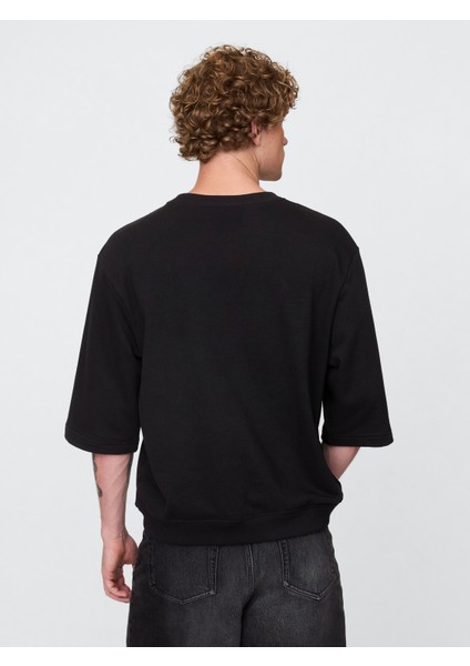 Erkek Siyah Oversized Terry Bisiklet Yaka T-Shirt fırsatları