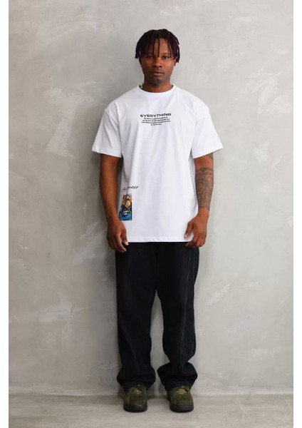 Bisiklet Yaka Baskılı Oversize T-Shirt - Beyaz fırsatları