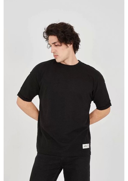 Jakar Kumaş Rahat Kol T-Shirt - Siyah