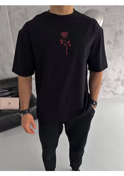 Bisiklet Yaka Baskılı Oversize T-Shirt - Siyah