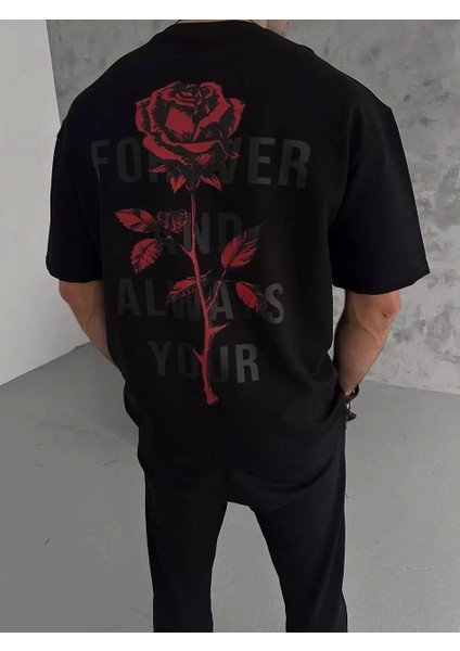 Bisiklet Yaka Baskılı Oversize T-Shirt - Siyah