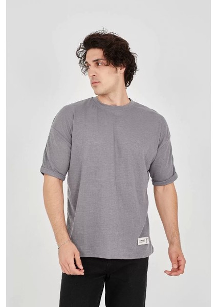 Jakar Kumaş Rahat Kol T-Shirt - Gri
