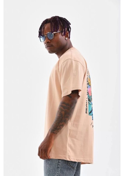 Bisiklet Yaka Baskılı Oversize T-Shirt - Bej modelleri