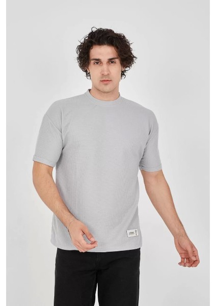 Waffle Kumaş Rahat Kol T-Shirt - Boyalı Gri