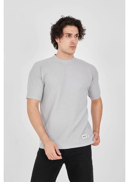 Waffle Kumaş Rahat Kol T-Shirt - Boyalı Gri