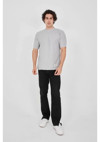 Waffle Kumaş Rahat Kol T-Shirt - Boyalı Gri
