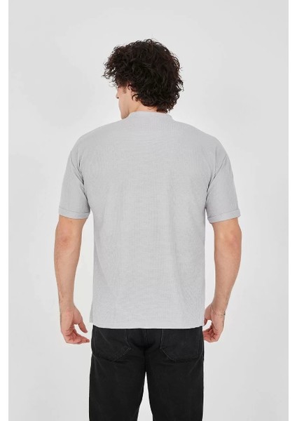 Waffle Kumaş Rahat Kol T-Shirt - Boyalı Gri