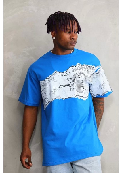 Bisiklet Yaka Baskılı Oversize T-Shirt - Mavi