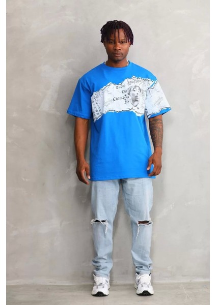 Bisiklet Yaka Baskılı Oversize T-Shirt - Mavi
