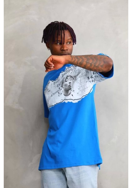 Bisiklet Yaka Baskılı Oversize T-Shirt - Mavi
