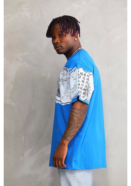 Bisiklet Yaka Baskılı Oversize T-Shirt - Mavi