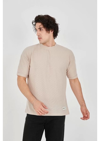 Waffle Kumaş Rahat Kol T-Shirt - Bej