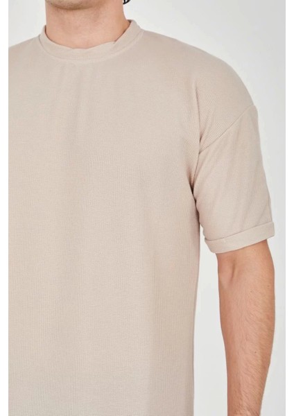 Waffle Kumaş Rahat Kol T-Shirt - Bej