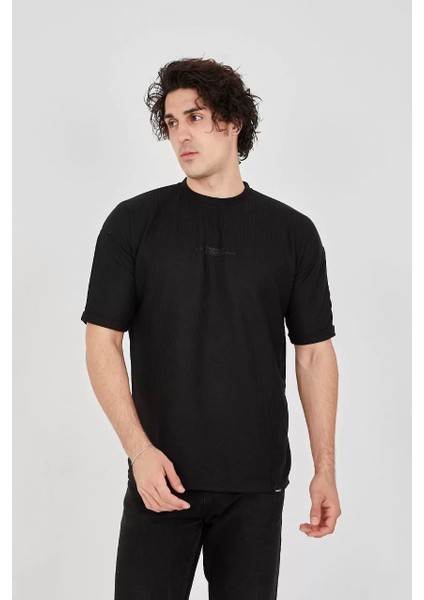 Waffle Kumaş Rahat Kol T-Shirt - Siyah