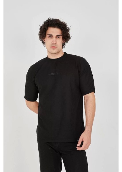 Waffle Kumaş Rahat Kol T-Shirt - Siyah
