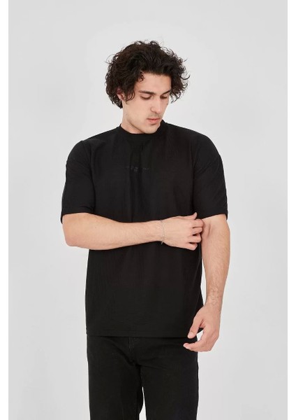 Waffle Kumaş Rahat Kol T-Shirt - Siyah