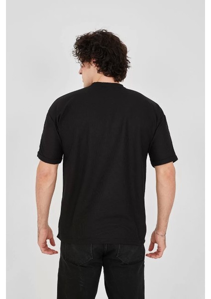 Waffle Kumaş Rahat Kol T-Shirt - Siyah