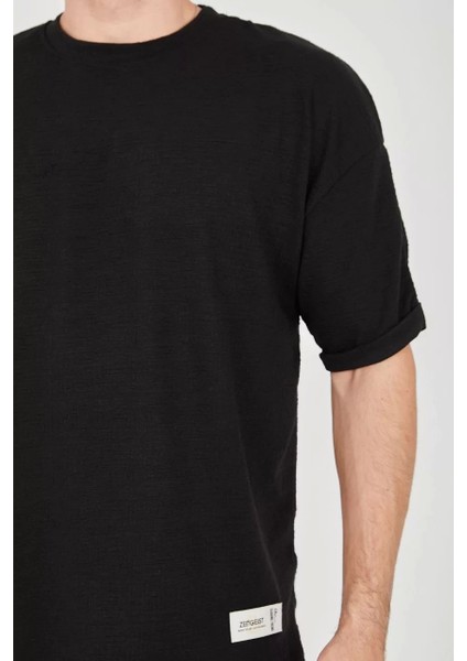 Jakar Kumaş Rahat Kol T-Shirt - Siyah