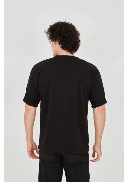 Jakar Kumaş Rahat Kol T-Shirt - Siyah