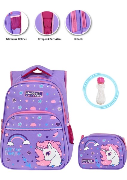 Lila Kristal Unicorn Okul Çantası + Beslenme Unicorn Çanta Ilkokul Çantası Sırt Çantası Atcık Çanta