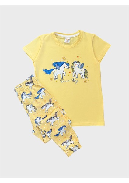 Kız Çocuk %100 Pamuklu Sarı Unıcorn Desenli Kısa Kollu Altı Uzun Yazlık Pijama Takımı