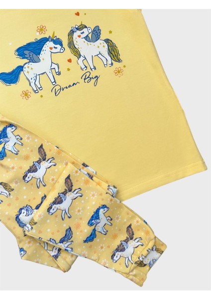 Kız Çocuk %100 Pamuklu Sarı Unıcorn Desenli Kısa Kollu Altı Uzun Yazlık Pijama Takımı