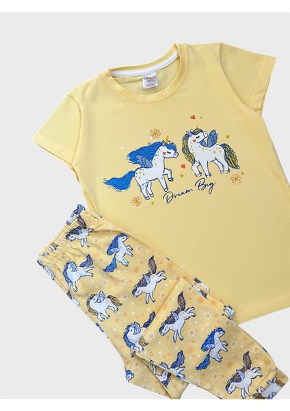 Kız Çocuk %100 Pamuklu Sarı Unıcorn Desenli Kısa Kollu Altı Uzun Yazlık Pijama Takımı