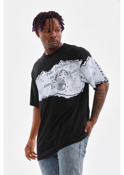 Bisiklet Yaka Baskılı Oversize T-Shirt - Siyah