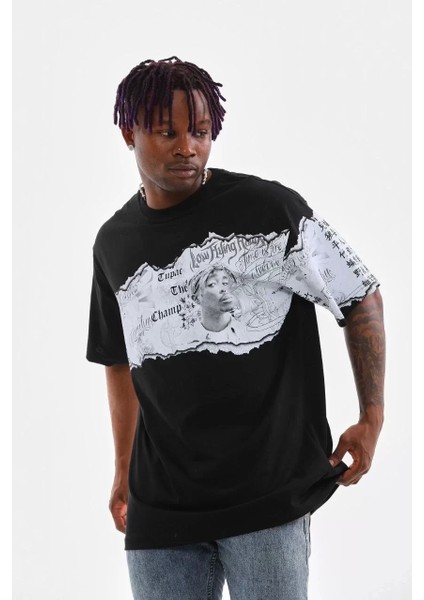Bisiklet Yaka Baskılı Oversize T-Shirt - Siyah