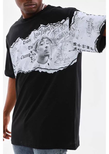 Bisiklet Yaka Baskılı Oversize T-Shirt - Siyah