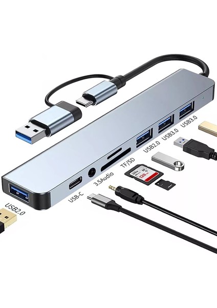 3122 8 Port Hub USB 2.0/3.0 Çoğaltıcı Çoklayıcı Type C Audio 3.5 Tf Sd