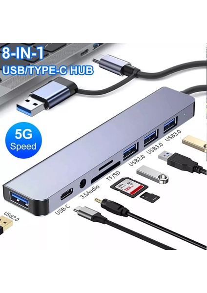 3122 8 Port Hub USB 2.0/3.0 Çoğaltıcı Çoklayıcı Type C Audio 3.5 Tf Sd