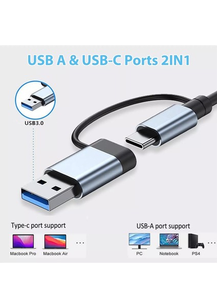 3122 8 Port Hub USB 2.0/3.0 Çoğaltıcı Çoklayıcı Type C Audio 3.5 Tf Sd