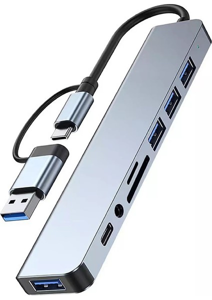3122 8 Port Hub USB 2.0/3.0 Çoğaltıcı Çoklayıcı Type C Audio 3.5 Tf Sd