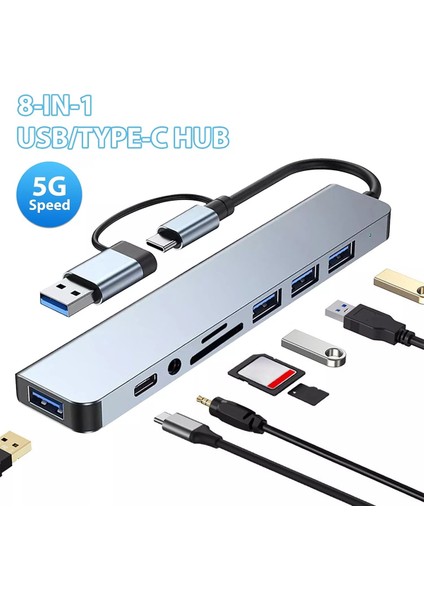 3122 8 Port Hub USB 2.0/3.0 Çoğaltıcı Çoklayıcı Type C Audio 3.5 Tf Sd