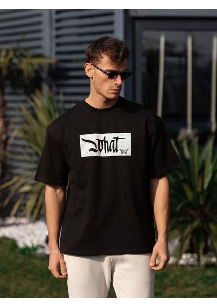 Bisiklet Yaka Baskılı Oversize T-Shirt - Siyah