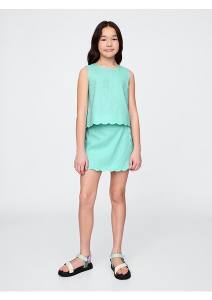 Kız Çocuk Yeşil Keten Pamuk Karışımlı Şort