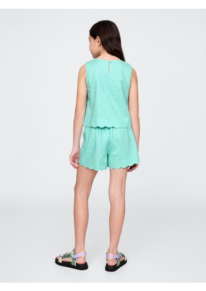 Kız Çocuk Yeşil Keten Pamuk Karışımlı Şort modelleri