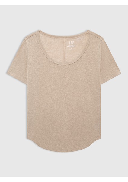 Kadın Bej Keten T-Shirt