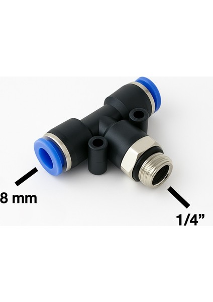 EPB08-G02 Orta Bacak Tee 8 mm 1/4'' Pnömatik Valf