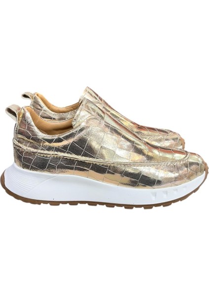 Gold Hakiki Deri Krokodil Desen Comfort Taban Sneaker