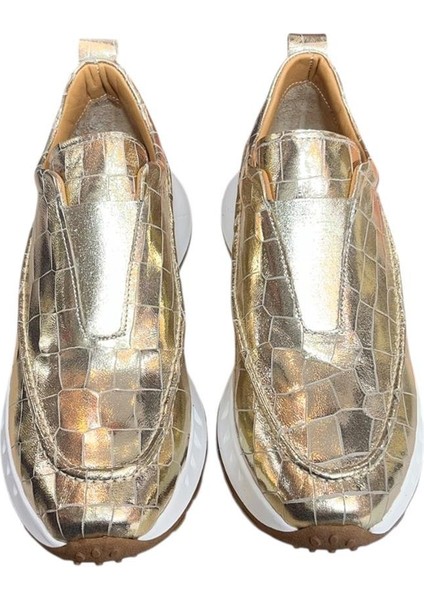 Gold Hakiki Deri Krokodil Desen Comfort Taban Sneaker