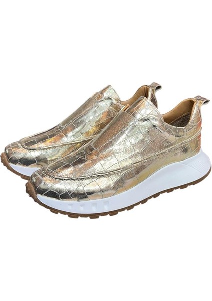 Gold Hakiki Deri Krokodil Desen Comfort Taban Sneaker