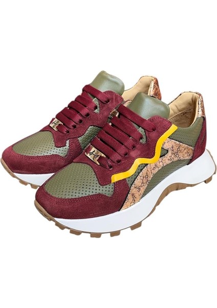 Yeşil Hakiki Deri Bordo Garnili Comfort Taban Bağcıklı Sneaker fırsatları