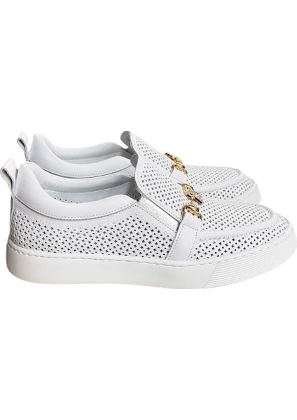 Beyaz Hakiki Deri Taşlı Toka Detaylı Ultra Hafif Sneaker