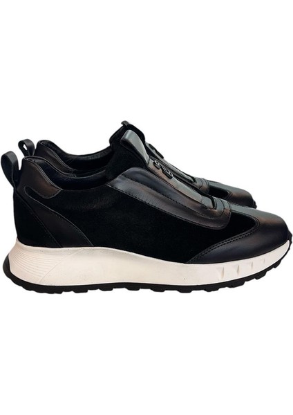 Siyah Hakiki Deri Süet Comfort Taban Sneaker