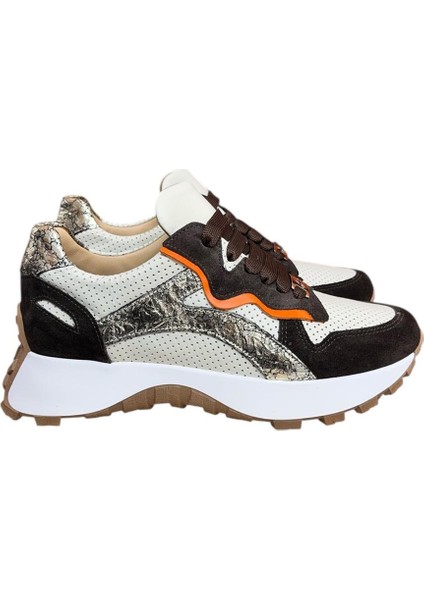 Krem Hakiki Deri Kahve Garnili Comfort Taban Bağcıklı Sneaker