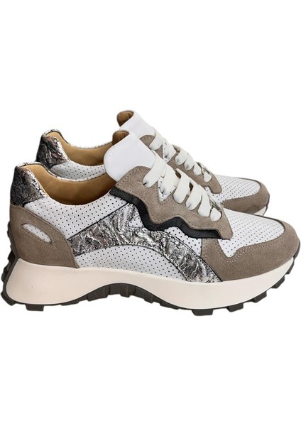 Beyaz Hakiki Deri Vizon Garnili Comfort Taban Bağcıklı Sneaker