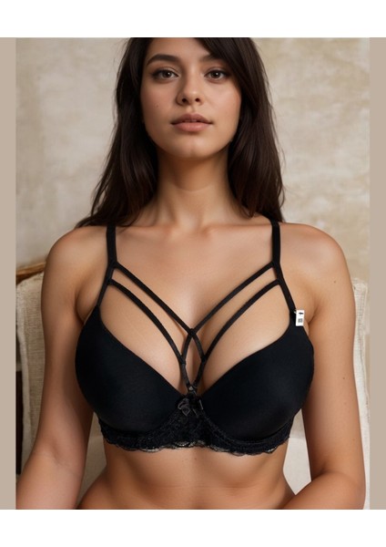 Lydia Önü Şeritli Dekoltesi Tasarım Yanları Dantelli Push-Up Çekici Siyah Sütyen