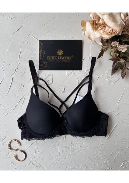 Lydia Önü Şeritli Dekoltesi Tasarım Yanları Dantelli Push-Up Çekici Siyah Sütyen fiyatları
